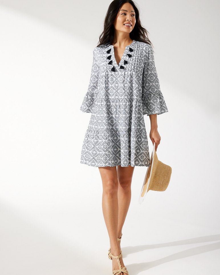 Diamond Clip Jacquard Tier Dress - White