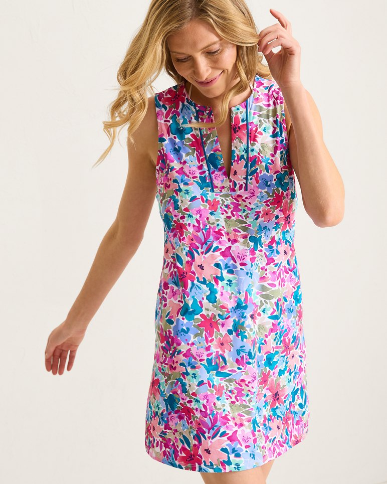 Watercolor Floral Split-Neck Beach Romper - Dusty Lupine