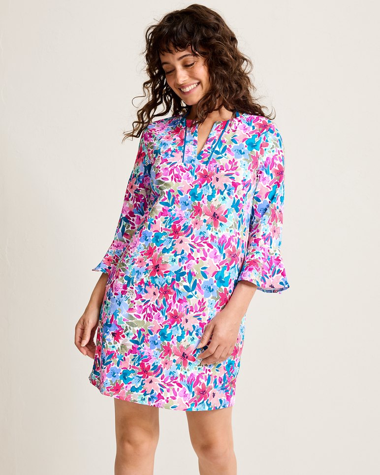 Watercolor Floral Flounce-Sleeve Spa Coverup Dress - Dusty Lupine