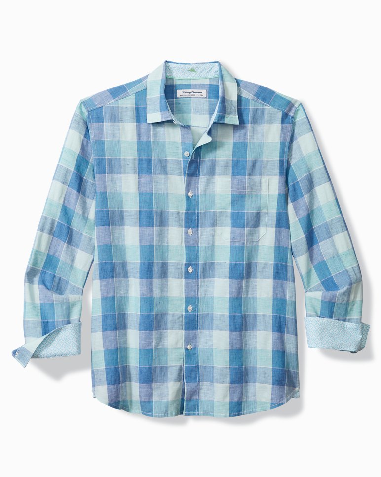 Barbados Breeze Beach Day Check Stretch-Linen Shirt - Palace Blue