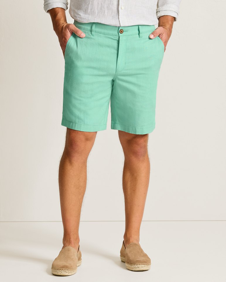 LINEN IN PARADISE FLAT FRONT 9 INCH SHORTS