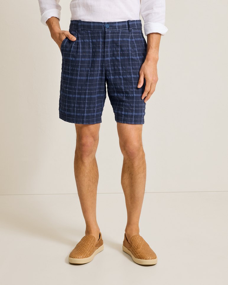 Midnight Check Stretch-Linen 9-Inch Shorts - Maritime