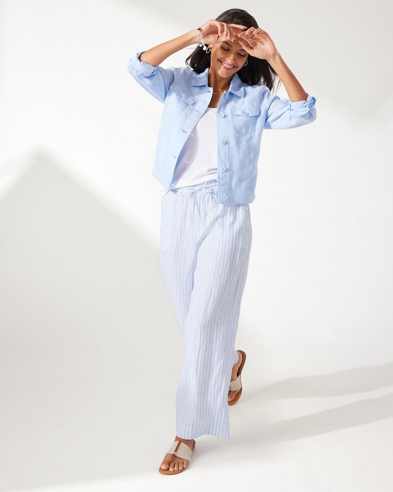 Cabana Stripe Two Palms High-Rise Linen Easy Pants - Light Sky