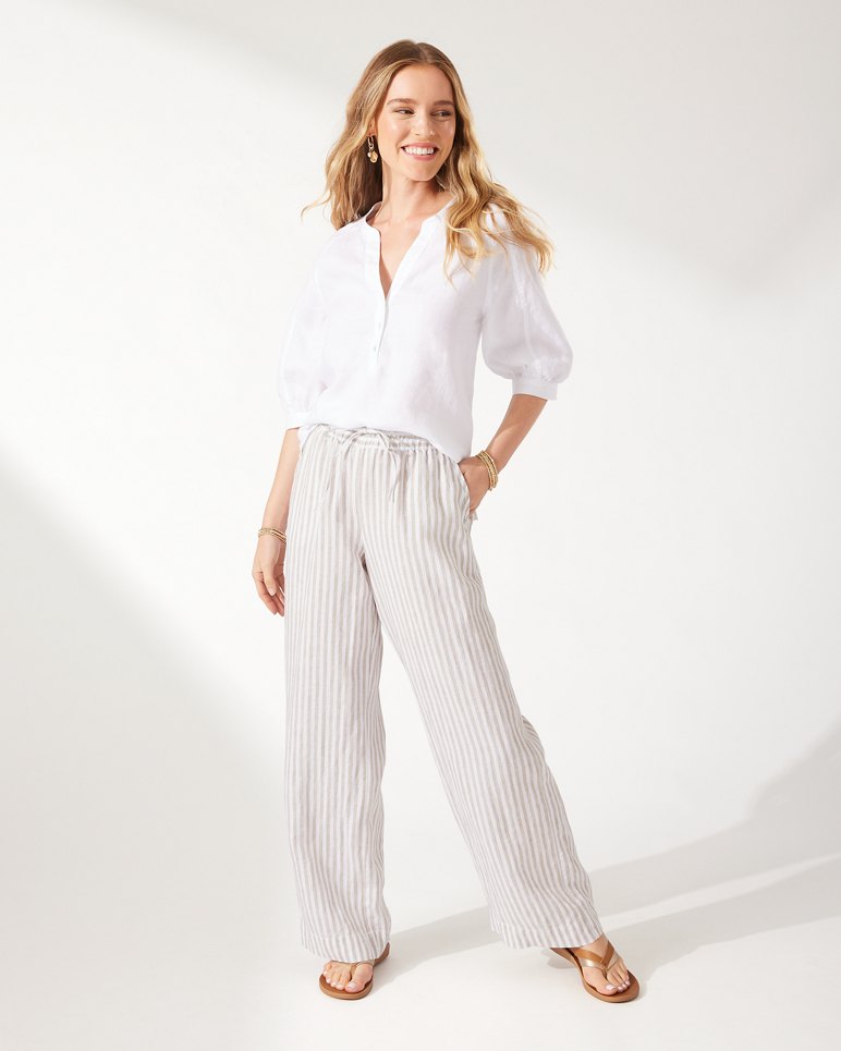 Cabana Stripe Two Palms High-Rise Linen Easy Pants - Coffee Break