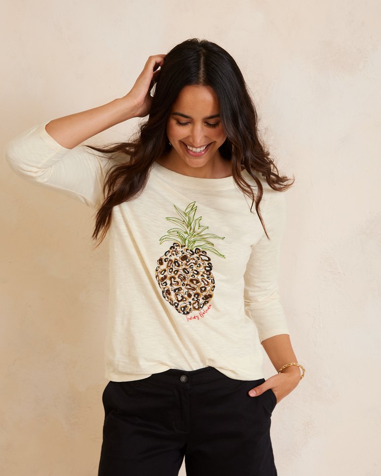Embellished Leopard Pineapple 3/4 Sleeve Lux T-Shirt
