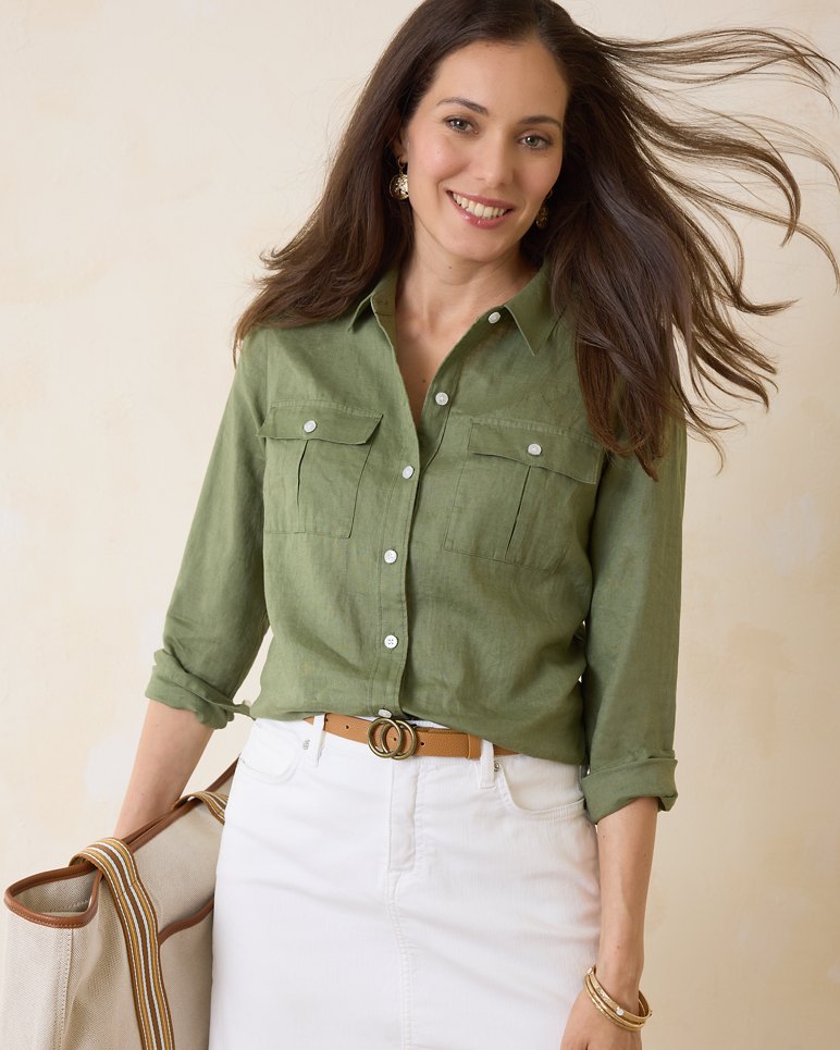 Coastalina Utility Linen Shirt - Dark Fern