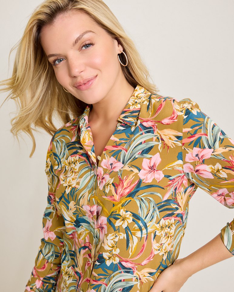 Flora Amora Long-Sleeve Silk Shirt - Greek Olive