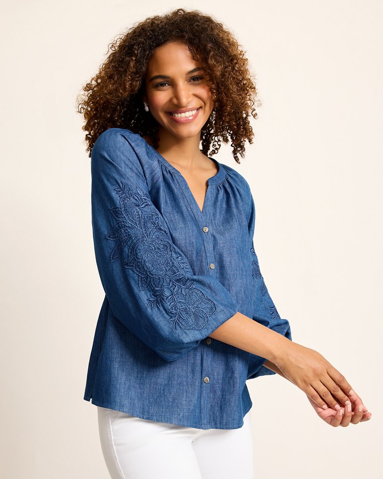 Indigo Cove Embroidered Blouse - Dark Sky Wash