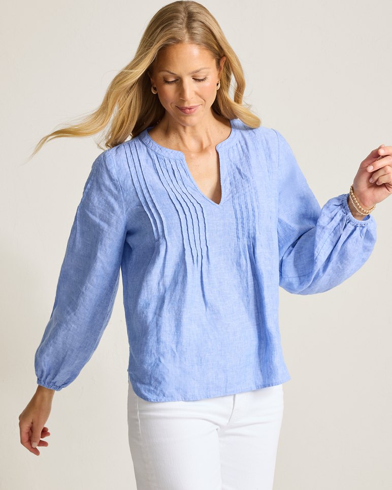 Coastalina Linen Pintuck Peasant Top - Buccaneer Blue