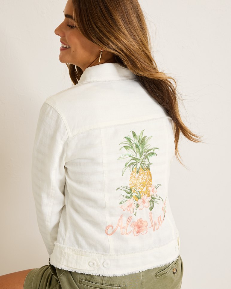Two Palms Pineapple Paradise Linen Raw-Edge Jacket - White