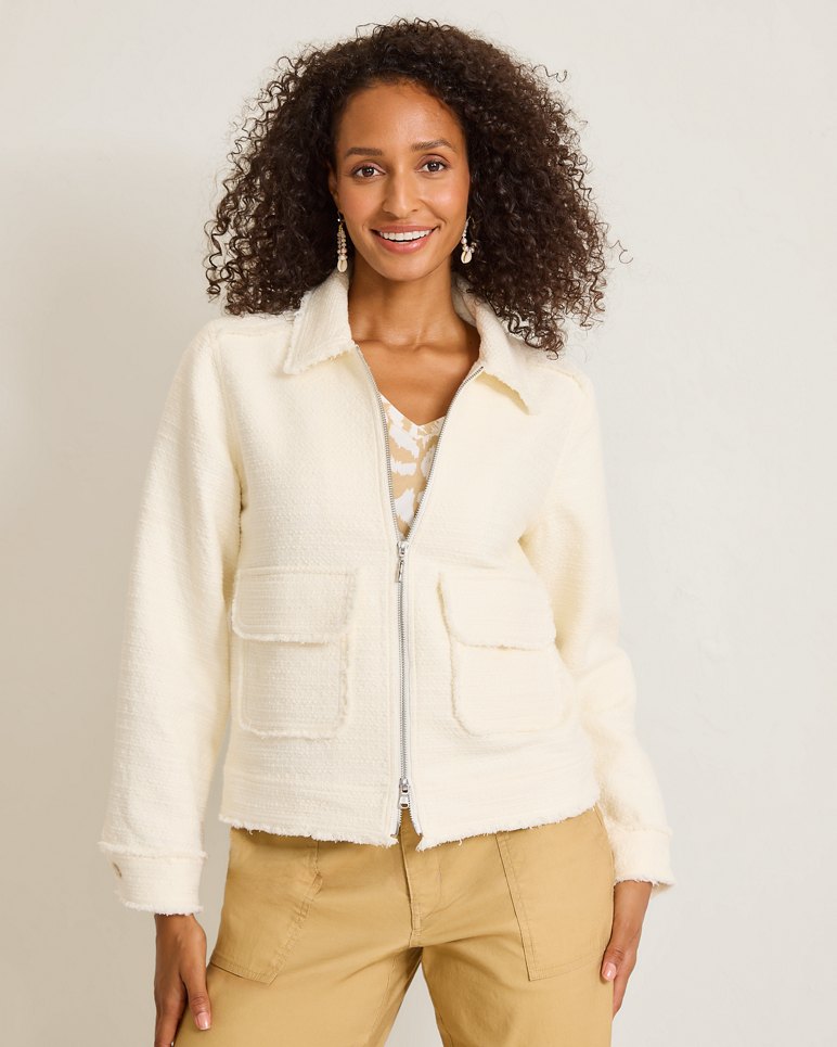 Cotton Boucle Full-Zip Bomber Jacket - Vanilla Ice