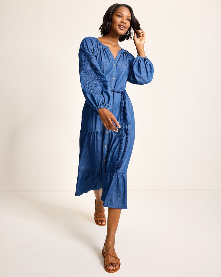Indigo Cove Embroidered Midi Dress - Dark Sky Wash