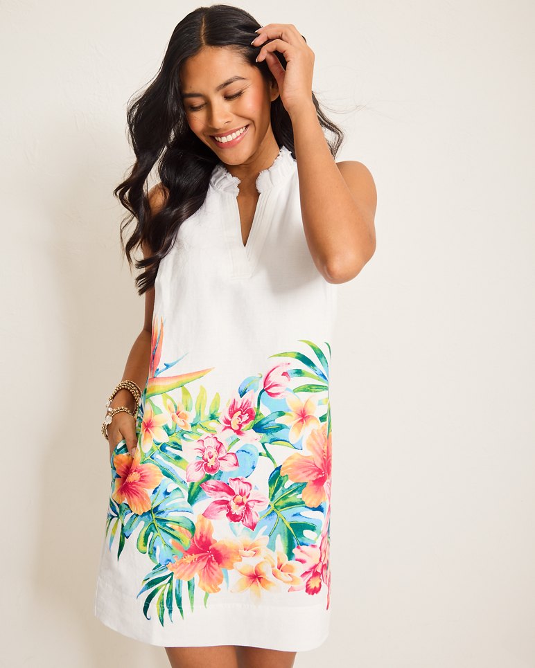 Two Palms Tropi-Flore Double-Ruffle Linen Dress - White